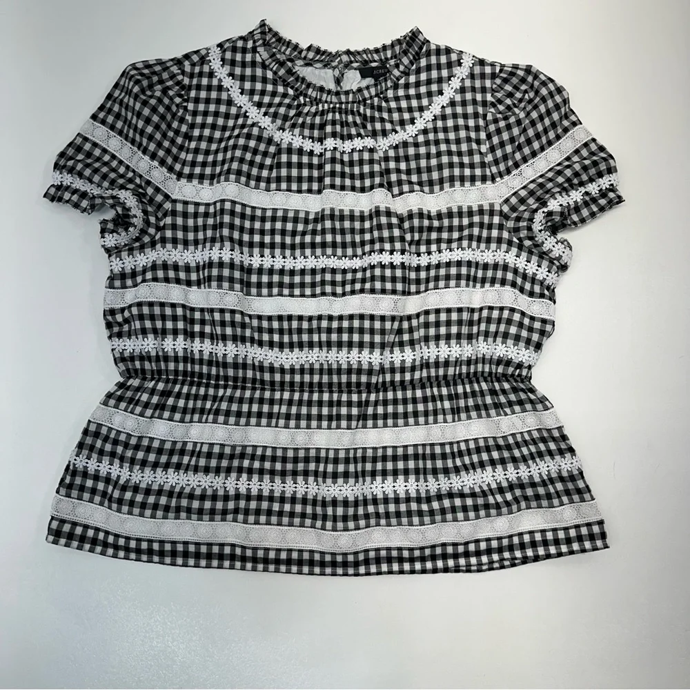 J. Crew Black and White Gingham Smocked Waist Puff Sleeve Blouse